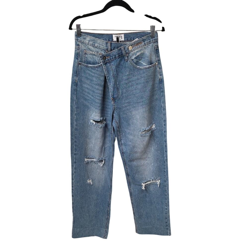 Insane Gene Asymmetrical Criss Cross Waistband Distressed Jeans Womens 7/27